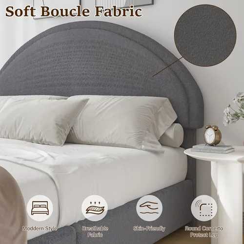 Miniatura 4 de REVOMINCA Base de cama de tamaño matrimonial, marco de cama tapizado Boucle con cabecero, estilo moderno, cama de plataforma suave con cabecera Gris