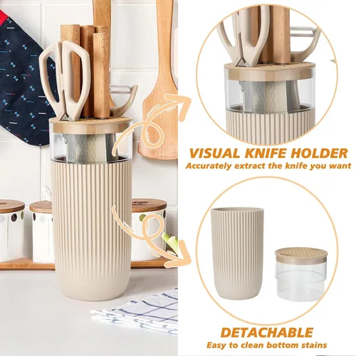 Miniatura 5 de Juego de cuchillos de cocina profesional de 7 piezas con bloque universal de cuchillos, juego de bloques de cuchillos súper afilados con mango Beige
