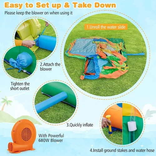 Miniatura 6 de BOUNTECH Tobogán acuático inflable, tobogán de surf de elefante, parque acuático para niños, castillo hinchable con 2 piscinas de chapoteo, cueva