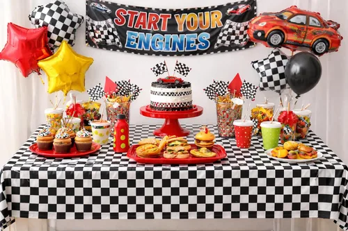 Miniatura 3 de Mantel desechable para fiestas con motivo de bandera de meta de carreras de automovilismo, a cuadros negros y blancos, de GIFTEXPRESS® (paquete de 2)