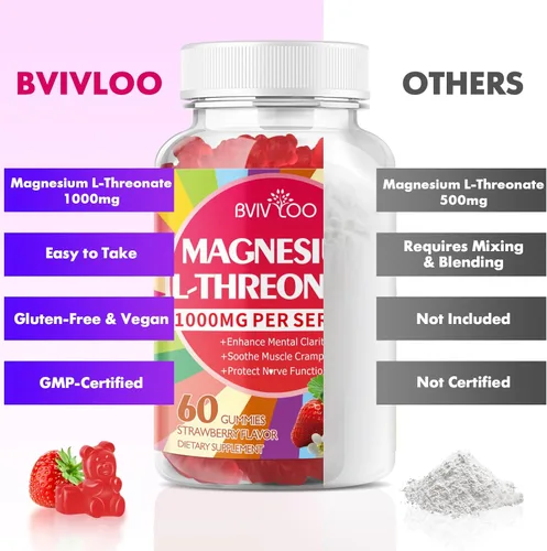 Miniatura 7 de Gomitas de magnesio L-treonato de 1000 mg para niños y adultos, apoyo muscular y sistema nervioso, vegano, sabor fresa sin azúcar, 120 gomitas