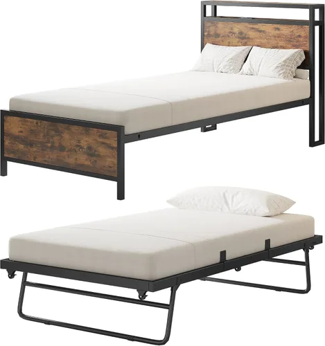 Miniatura 8 de IRONCK Sofá cama individual con nido, marco de cama de metal resistente con cabecera de almacenamiento y estación de carga, cama nido desplegable