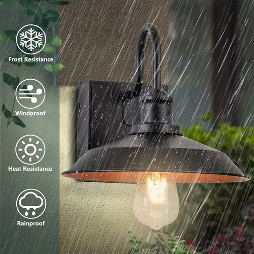 Miniatura 8 de Lámpara de exterior con salida GFCI, luz de porche negra, lámpara de pared exterior impermeable de granero, aplique de pared industrial de granja