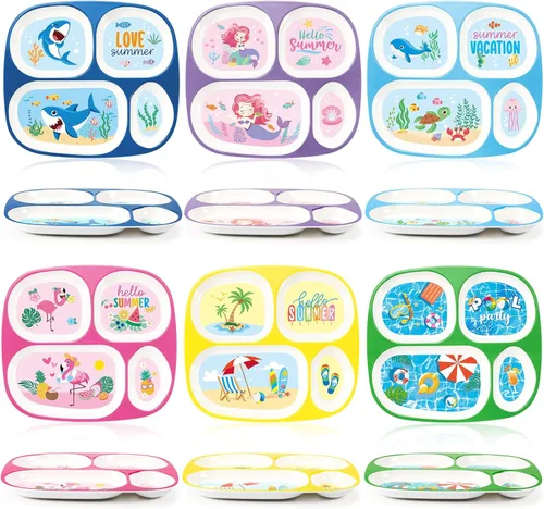 Miniatura 7 de Hushee 6 platos para niños de 9.4 x 8.2 pulgadas para la cena, lindos platos divididos para niños y niñas, platos divertidos de plástico para servir
