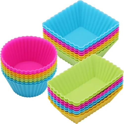 Paquete de 24 moldes de silicona para magdalenas, moldes reutilizables para hornear, lonchera de 3 formas, divisores Bento, redondos, cuadrados y