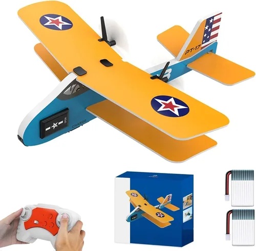 Miniatura 10 de Avión de control remoto para niños, juguete de avión de combate LED con 2 baterías, avión RC fácil de volar para principiantes, retención
