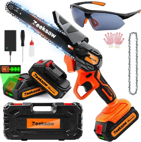 ZEEKSAW Mini motosierra inalámbrica de 6 pulgadas, súper motosierra de mano con 2 baterías grandes, mini motosierra eléctrica alimentada por