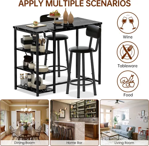 Miniatura 7 de Juego de mesa de comedor de cocina para 2, mesa de bar y sillas con 3 estantes de almacenamiento, comedor alto con 2 taburetes de respaldo de piel