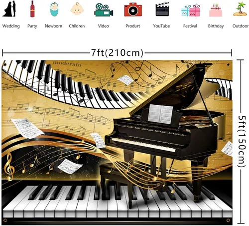 Miniatura 3 de Telón de fondo con tema de piano de 7 x 5 pies, notas musicales doradas, fondo de foto, tema musical, decoración de fiesta de cumpleaños, pancarta