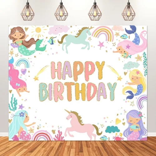 Avezano Telón de fondo de cumpleaños de sirena y unicornio, decoración de fiesta de cumpleaños de sirena, arco iris, unicornio, decoración de fiesta