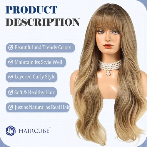 Miniatura 3 de HAIRCUBE Peluca larga rubia mezclada con marrón con flequillo, pelucas rizadas en capas para mujeres, pelucas sintéticas naturales para uso diario