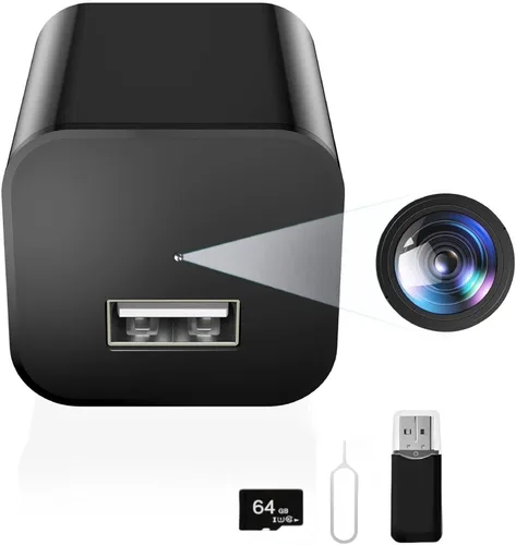 DUVIX Mini Cámara con Tarjeta de 64G 1080P Pequeña Cámara de Seguridad con Cargador con Detección de Movimiento para Interiores (Sin WiFi)