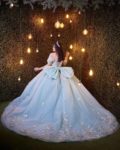 Miniatura 3 de Mauuwy Vestidos de quinceañera florales en 3D, vestido de baile de tul brillante hinchado, dulce 16 vestidos de encaje con hombros descubiertos