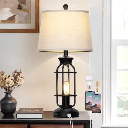 Miniatura 14 de 26" Modern Lamp for Living Room, Industrial 3-Way Dimmable Beside Table Lamp with USB A+C Charging Ports & AC Outlet, Touch Control Beside Lamp LED