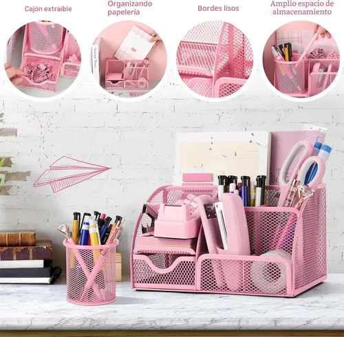 Miniatura 5 de Fayoo Juego de 11 piezas de suministros de oficina rosa, kit de accesorios organizador de escritorio de malla que incluye grapadora, dispensador