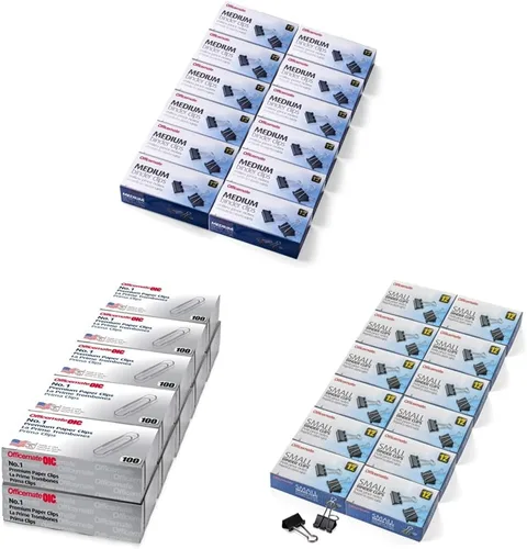Officemate Clips medianos para carpeta, color negro, 12 unidades (paquete de 12) y clips de papel Officemate Premium #1, 1000 clips de papel y clips