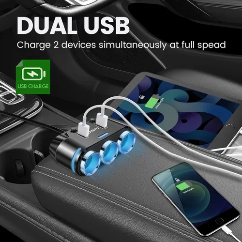 Miniatura 2 de YANTU Adaptador y divisor de encendedor de cigarrillos con 150W, 3 tomas y iluminación ambiental LED, doble carga rápida USB, salida de coche