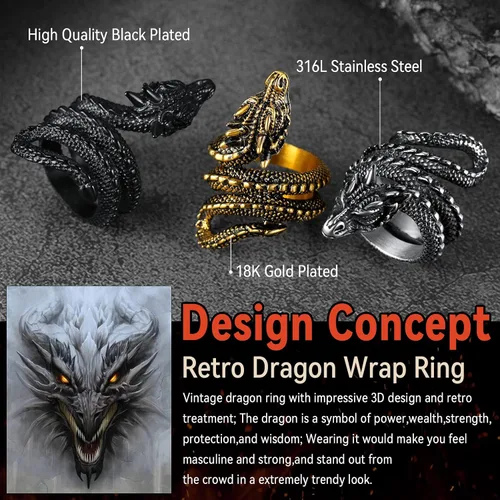 Miniatura 3 de FaithHeart Anillos de dragón punk para hombres y mujeres, acero inoxidable, chapado en oro de 18 quilates, joyería de mitología nórdica con delicado