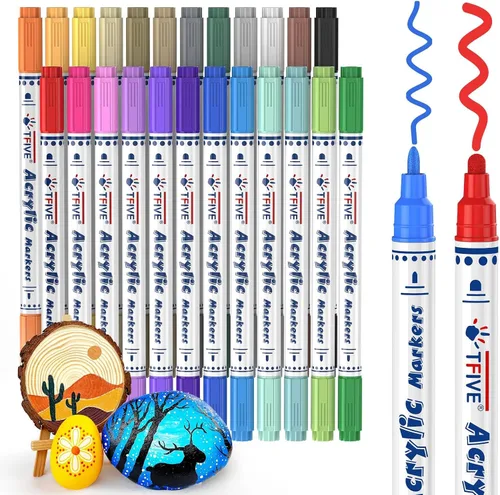 TFIVE Marcadores de pintura acrílica de doble punta, bolígrafo de pintura de 24 colores, punta fina y punta de punto, impermeables, marcadores