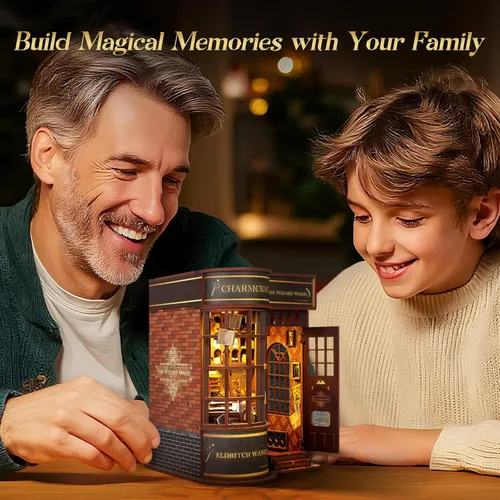 Miniatura 6 de FUNPOLA Kit de varita mágica de rompecabezas de madera 3D para rincón de libros - Juego de manualidades para estantería en miniatura con luz LED