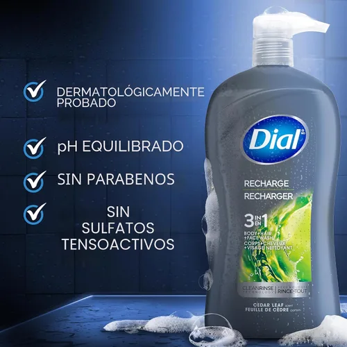 Miniatura 5 de Dial Men 3 en 1 Gel para Cuerpo, Cabello y Cara, Recarga, 32 fl oz, Aroma a Hojas de Cedro, Limpia Profunda y Suavemente la Piel con Tecnología