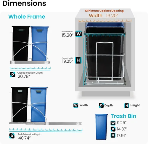 Miniatura 3 de Home Zone Living Bote de basura de cocina doble extraíble de 15 galones para reciclaje y basura, diseño debajo del fregadero en el gabinete