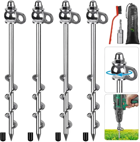 Miniatura 15 de Paquete de 4 estacas para tienda, anclajes de tierra resistentes de 16 pulgadas, soldadura completa, fáciles de atornillar y reutilizables, para E.