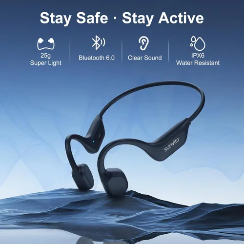 Miniatura 2 de Auriculares de conducción ósea, auriculares Bluetooth 6.0 de oreja abierta con micrófono, auriculares deportivos inalámbricos ligeros, tiempo