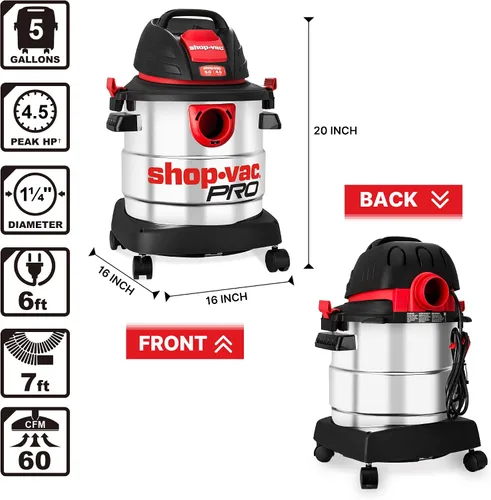 Miniatura 6 de Shop-Vac Aspiradora húmeda/seca de 5 galones y 4.5 HP de pico, tanque de acero inoxidable, aspiradora de taller portátil con filtro, manguera