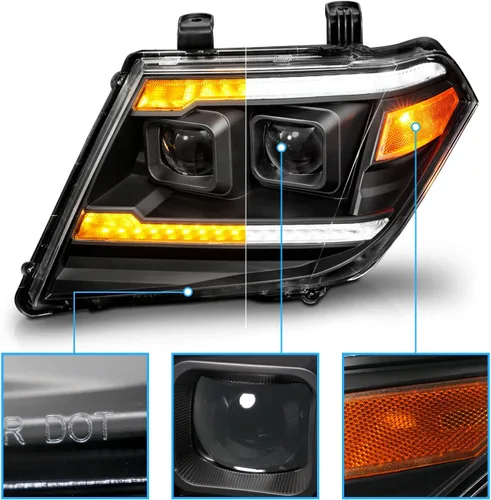 Miniatura 3 de AmeriLite para camioneta pickup Nissan Frontier 2009-2020 Juego de faros delanteros de proyector negro con tubo LED DRL y señal secuencial
