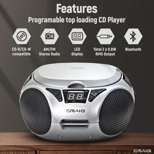 Miniatura 2 de Craig CD6925 - Caja de CD estéreo portátil de carga superior con radio estéreo AM/FM Bluetooth inalámbrico y puerto AUX (plata, Bluetooth)