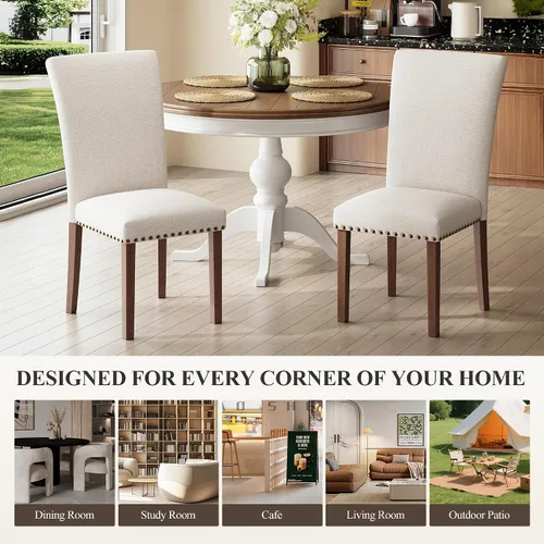 Miniatura 7 de COLAMY Juego de 4 sillas tapizadas de comedor, sillas estilo Parsons de lino beige con respaldo alto, para mesa redonda de cocina o comedor pequeño