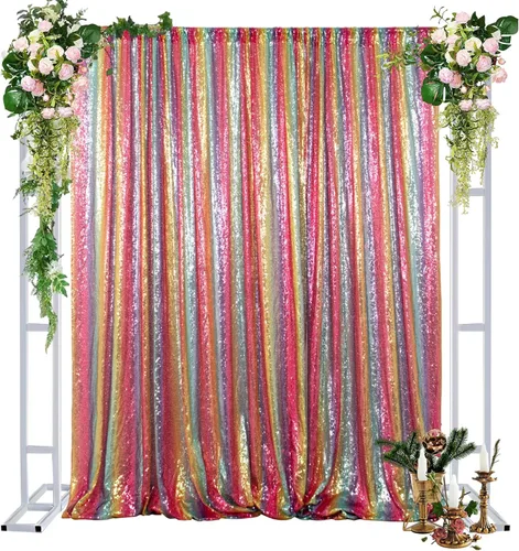 Miniatura 11 de DUOBAO Cortinas de lentejuelas 2 paneles de 2 x 8 pies, cortina de fondo con purpurina arcoíris para fiestas de Navidad, cortinas de secuencia