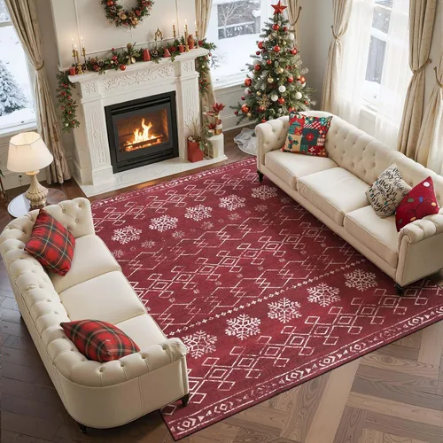 Miniatura 10 de jinchan – Alfombra de camino navideña 2x5 para cocina, pasillo y baño; roja con copos de nieve, decoración navideña, lavable, antideslizante