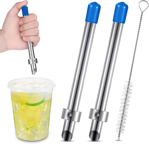 Miniatura 12 de Lasnten Paquete de 2 perforadores de paja para tapas de plástico, vasos de limonada, herramientas de perforación de acero inoxidable para bebidas