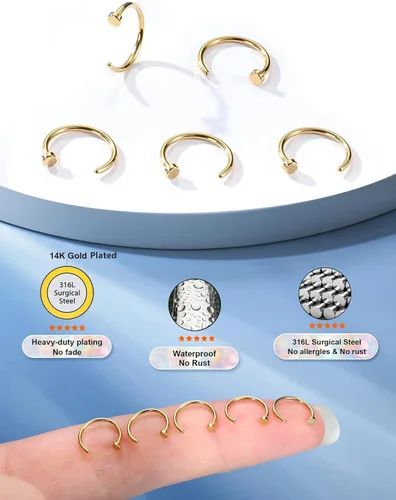Miniatura 18 de FIBO STEEL - 5 piezas de acero inoxidable, 18G a 22G, joyería corporal, piercing de nariz para mujer