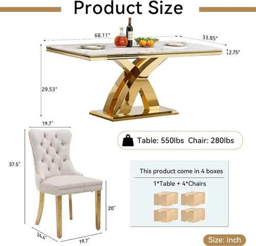 Miniatura 9 de Moderno juego de mesa de comedor de mármol para 4, juego de mesa de comedor de lujo para 4, mesa de comedor de mármol sintético de 68 pulgadas