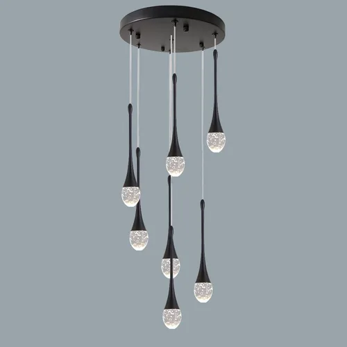 Moderno candelabro de cristal de 7 luces, color negro, H60 pulgadas, techo alto, espiral, regulable, LED, burbuja, gota de lluvia, lámpara para