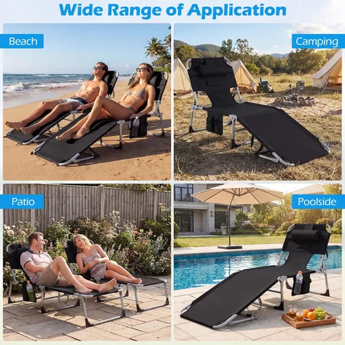 Miniatura 5 de Tangkula Silla de bronceado con agujero frontal, plegable y ajustable para patio, silla reclinable, para playa, tomar el sol, con bolsillo lateral