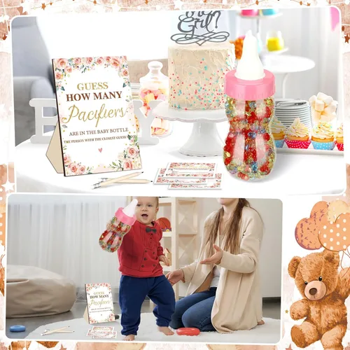 Miniatura 6 de Syhood Floral Baby Shower Games Guess How Many Pacifiers - Cartel de juego 50 pequeños juegos de adivinanzas, 20 lápices HB, botella de leche
