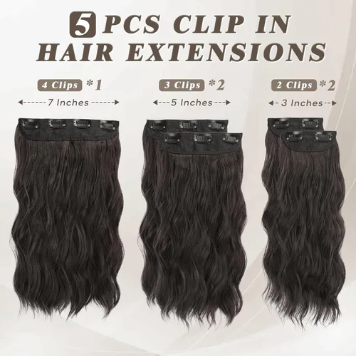 Miniatura 2 de BARSDAR Extensiones de cabello ondulado con clip negro marrón - 14 pulgadas, extensiones de cabello corto ondulado con clip para mujer - 5 piezas