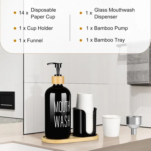 Miniatura 5 de Dispensador de enjuague bucal negro para baño, botella de vidrio con bomba de 16 onzas con soporte para tazas, 14 tazas de enjuague bucal, bandeja