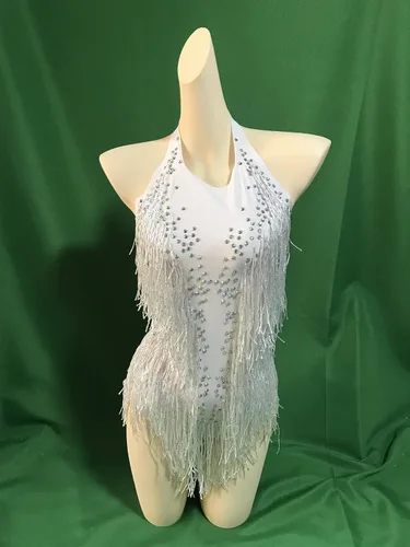 Miniatura 7 de Body blanco brillante con diamantes de imitación para mujer, traje de drag queen, trajes de baile con flecos