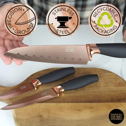 Miniatura 5 de Juego de 3 cuchillos de cocina de regalo - Brooklyn por Taylors Eye Witness. Refuerzos de color oro rosa, hojas afiladas como navajas finamente