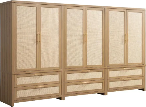 Miniatura 14 de SICOTAS Armario Ropero Gabinete de Ratán, Gabinete de Almacenamiento de 71" con Puertas, 2 Cajones y Barra Colgante, Organizador de Ropa Boho Roble