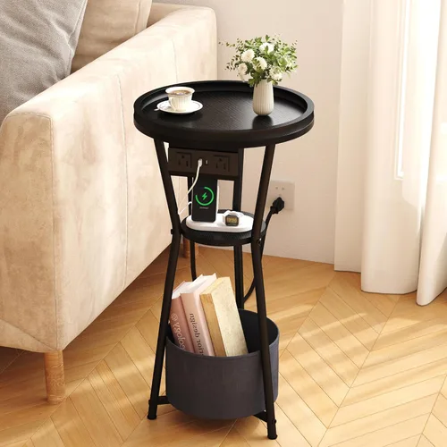 Miniatura 10 de Yusong Mesa auxiliar redonda, mesa pequeña para bebidas para espacios pequeños, mesa auxiliar industrial de 3 niveles, mesita de noche decorativa