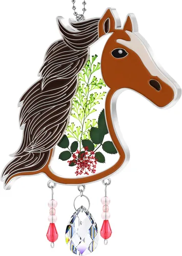 Miniatura 9 de KY&BOSAM Atrapasoles de cristal pintado a mano con cabeza de caballo, campanilla de viento con flor prensada incrustada en ventana de cristal, Día