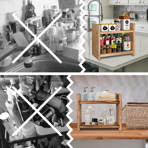 Miniatura 6 de Estante de especias de madera de 2 niveles, organizador de encimera para cocina y baño, estante de almacenamiento multiusos para cosméticos
