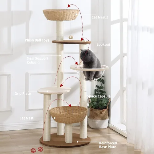 Miniatura 5 de Torre moderna para gatos grandes, condominio de lujo de sisal natural real, torre de madera tejida a mano para gatos, árbol rascador para gatos