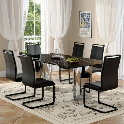 Miniatura 2 de Moderno juego de mesa de comedor para 6, 7 piezas, mesa rectangular de mármol sintético de 71 pulgadas con base de acero inoxidable plateado